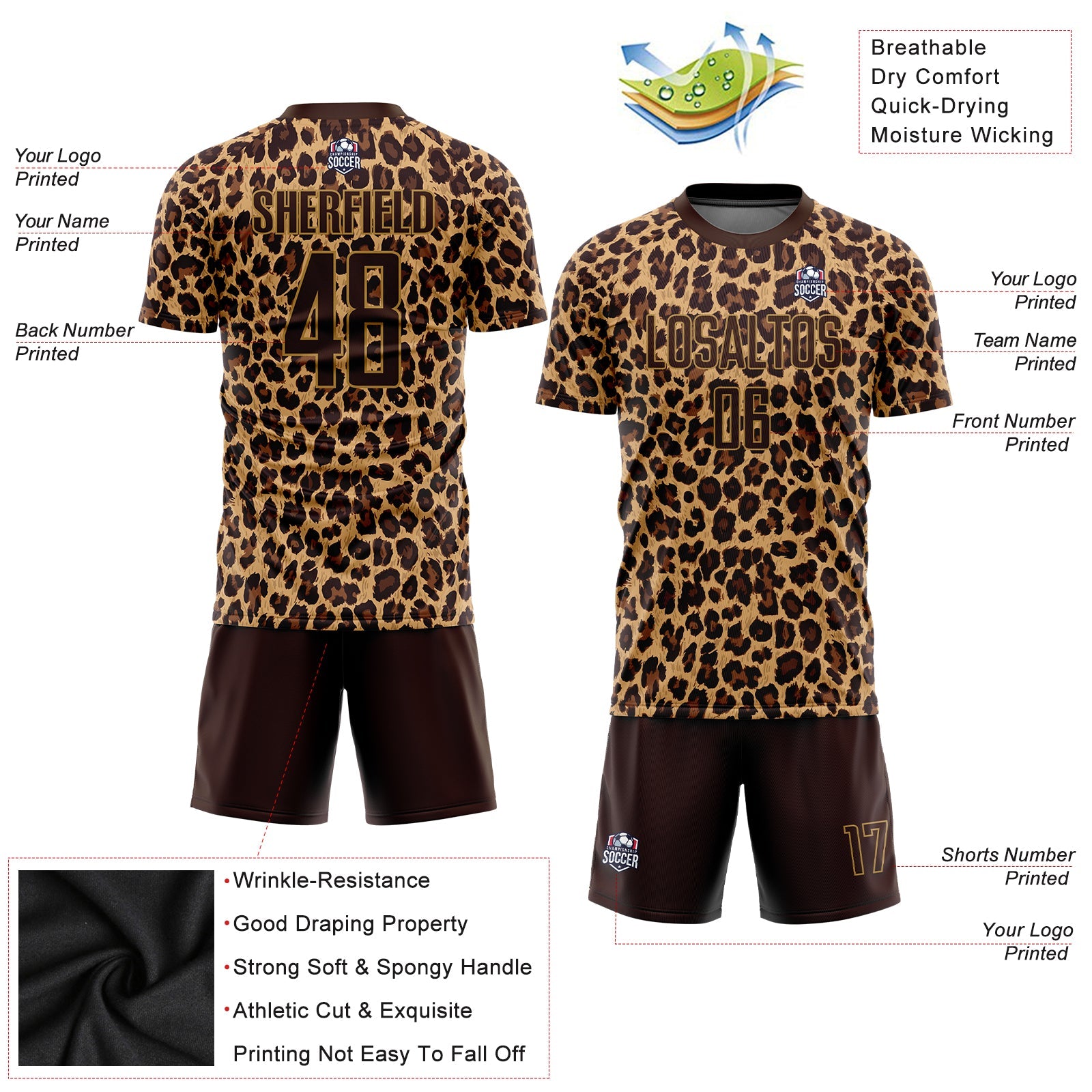 Custom Brown Brown-Old Gold Sublimation Leopard Soccer Uniform Jersey - Sky-Custom