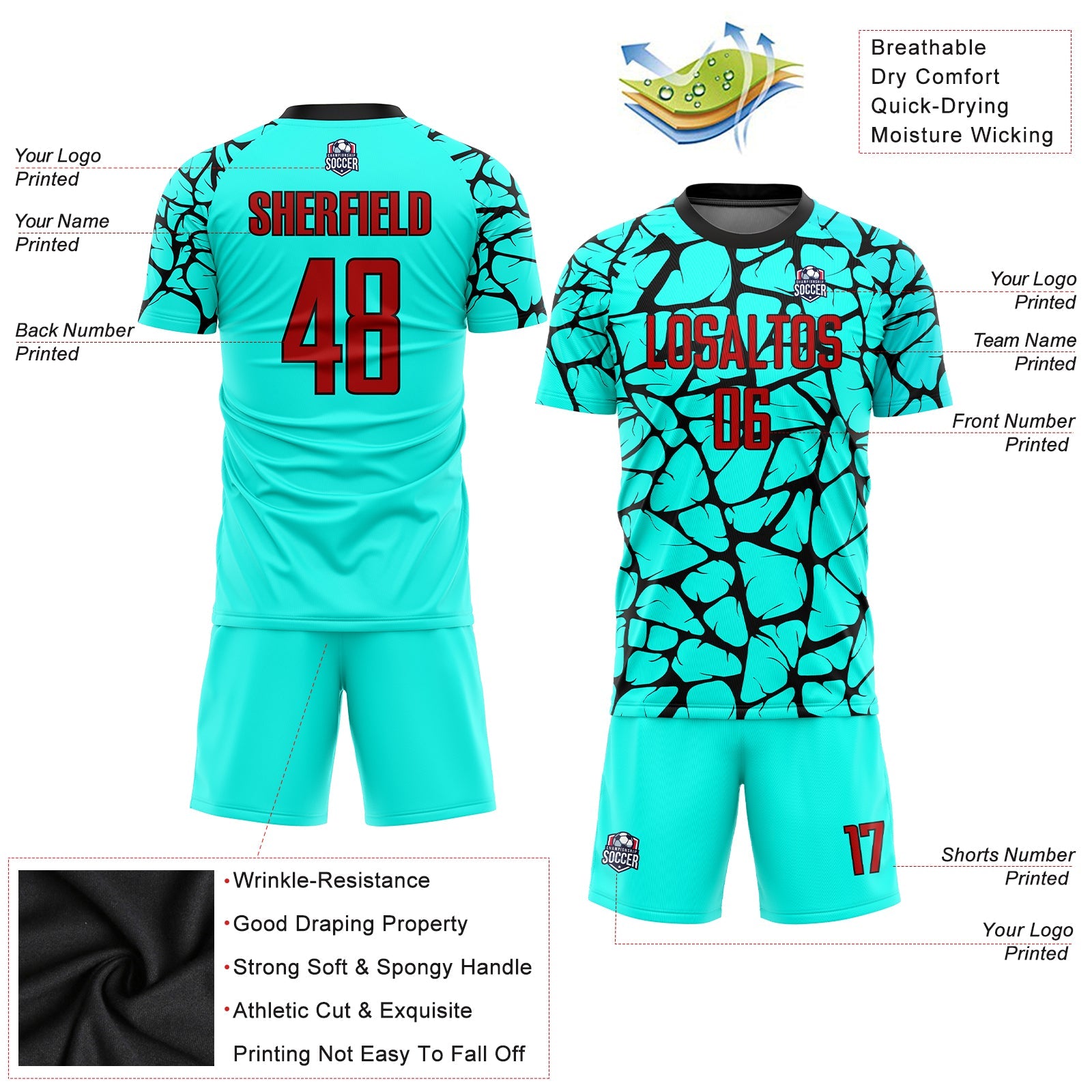 Custom Aqua Red-Black Sublimation Soccer Uniform Jersey - Sky-Custom