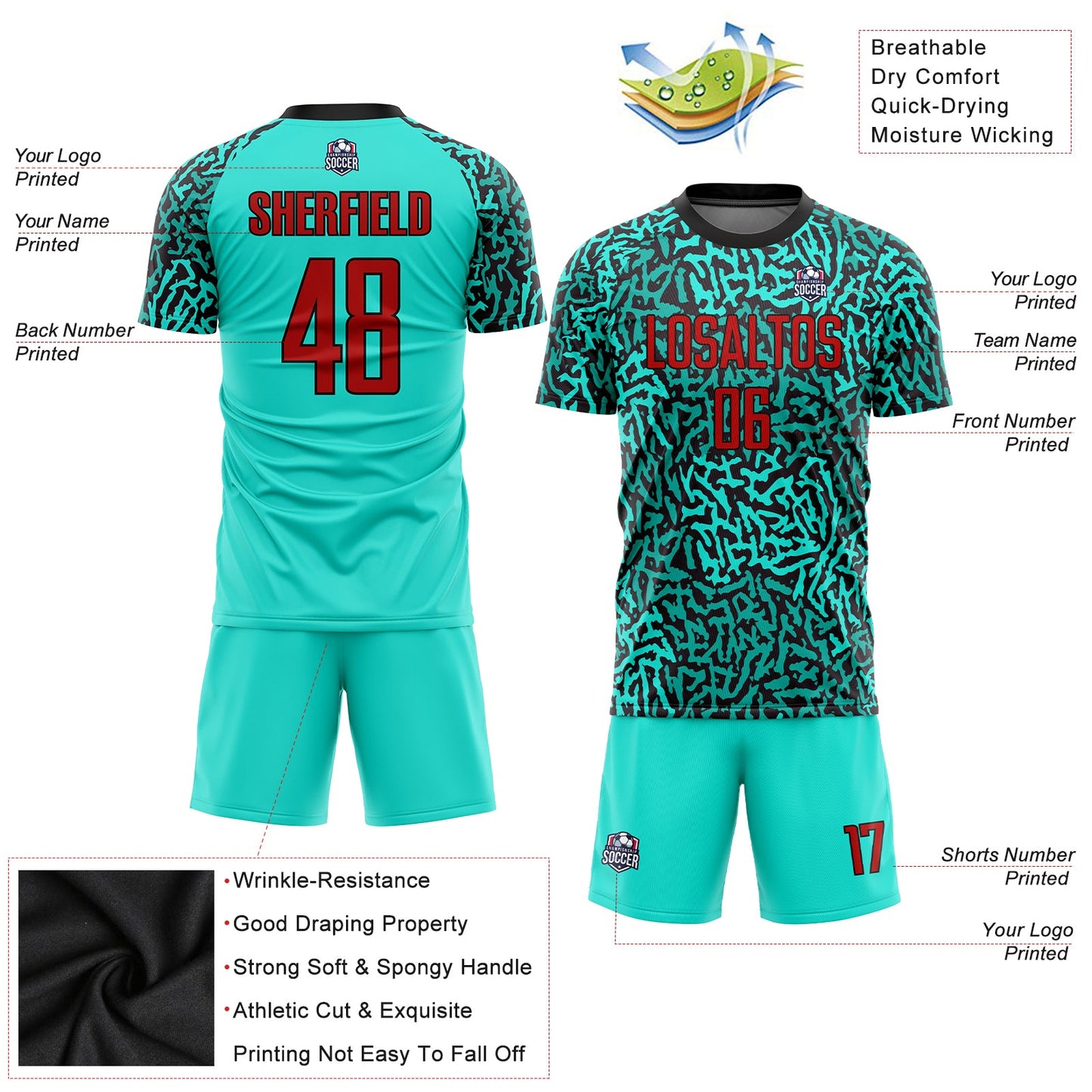 Custom Aqua Red-Black Sublimation Soccer Uniform Jersey - Sky-Custom