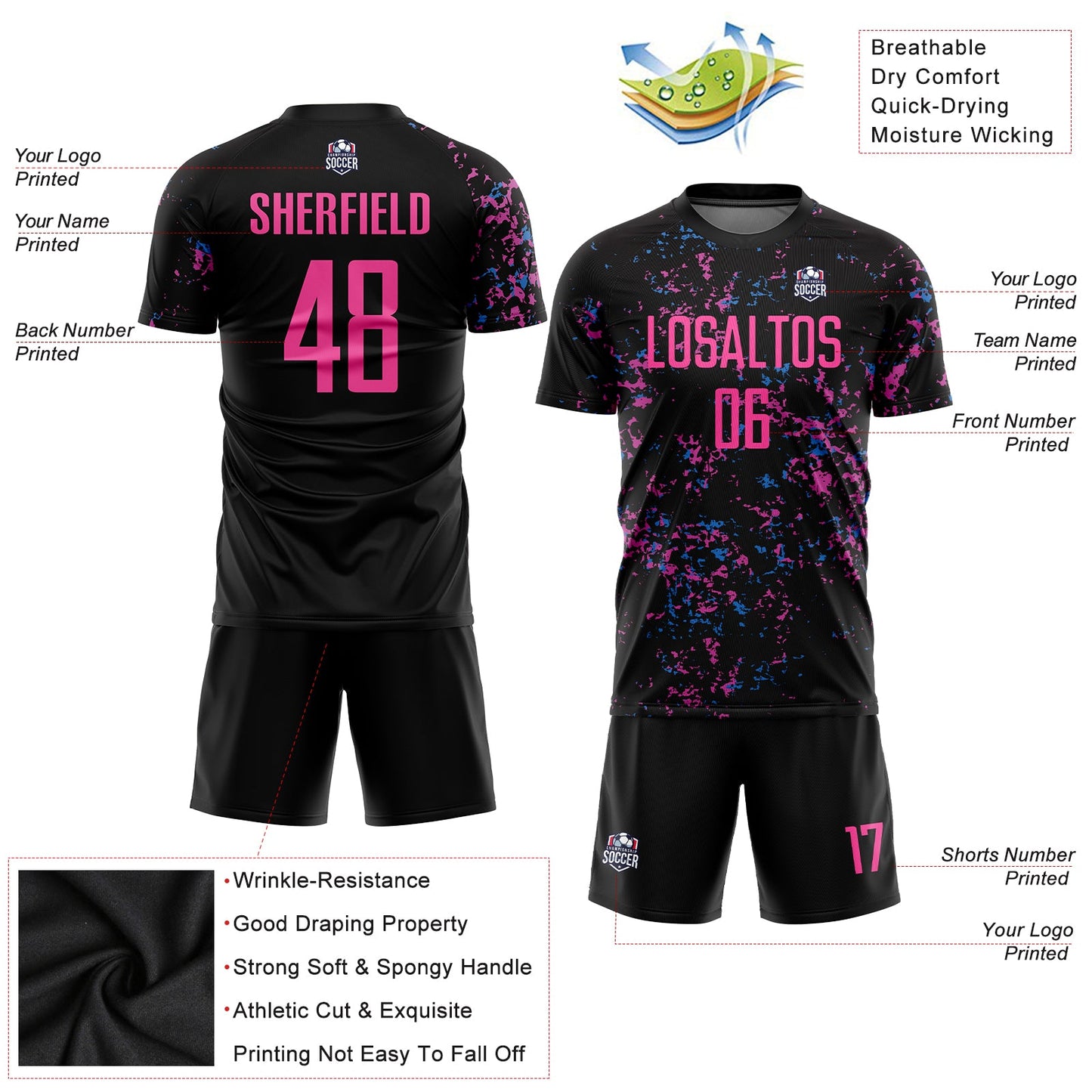 Custom Black Pink-Light Blue Sublimation Soccer Uniform Jersey - Sky-Custom