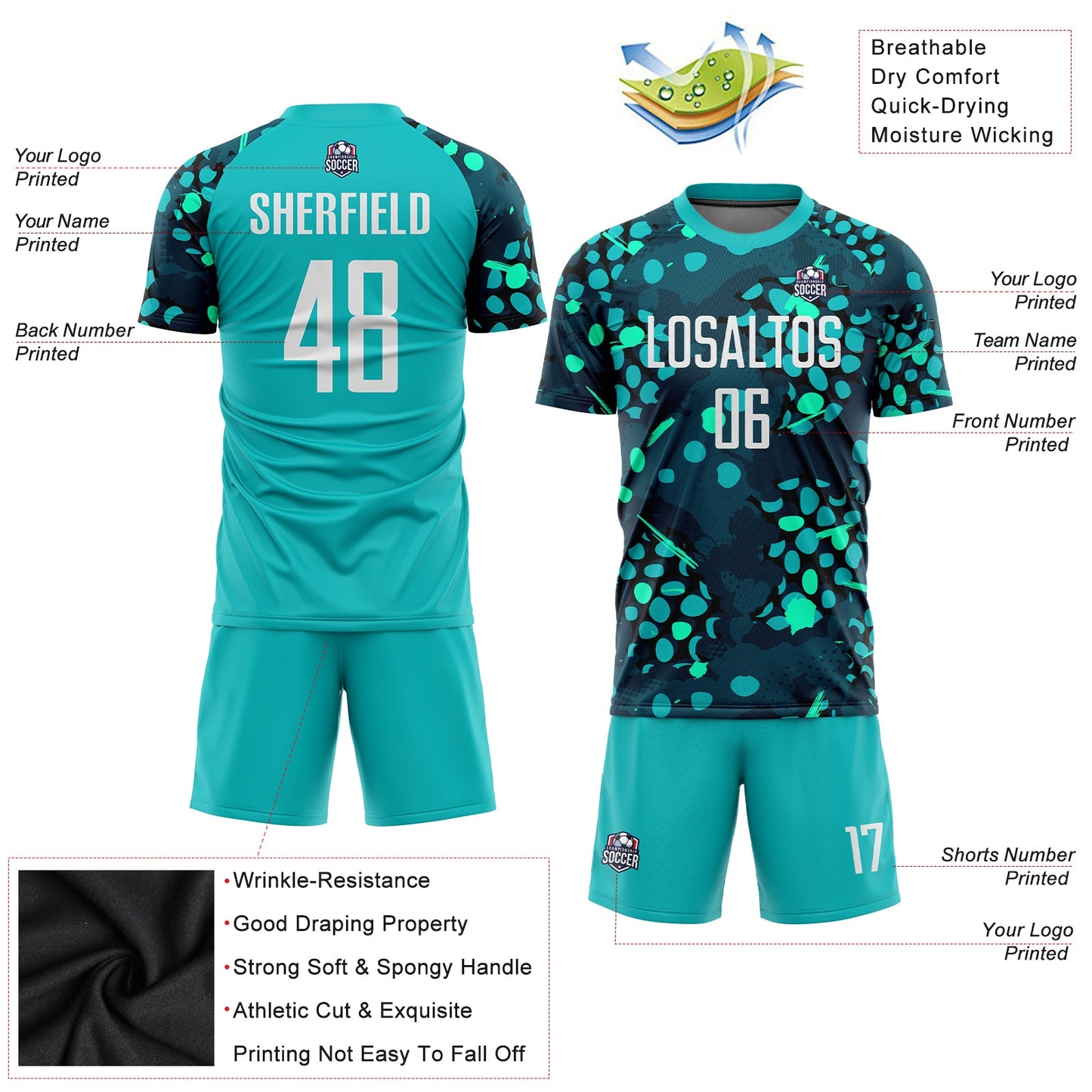 Custom Aqua White-Navy Sublimation Soccer Uniform Jersey - Sky-Custom