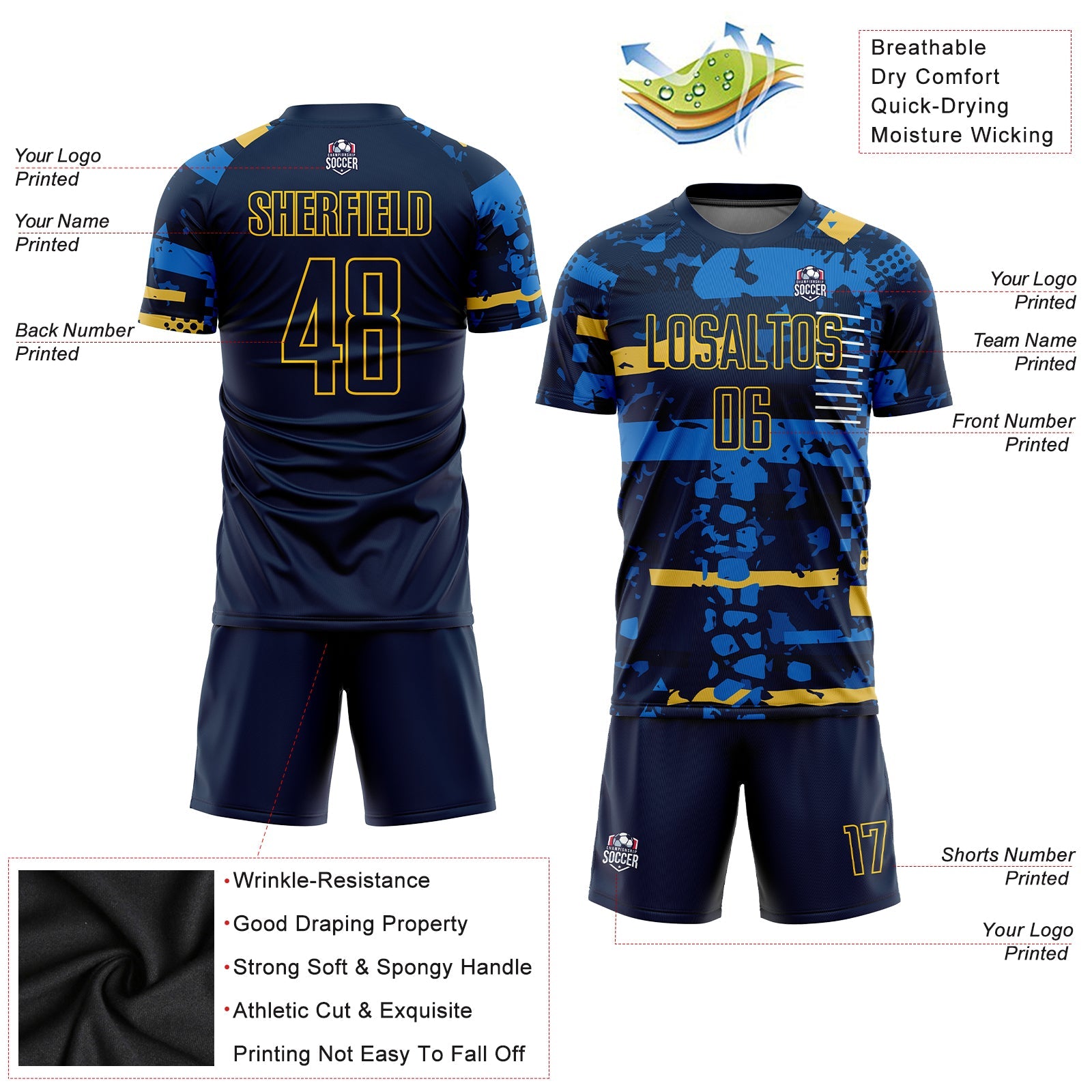 Custom Navy Navy-Gold Sublimation Soccer Uniform Jersey - Sky-Custom
