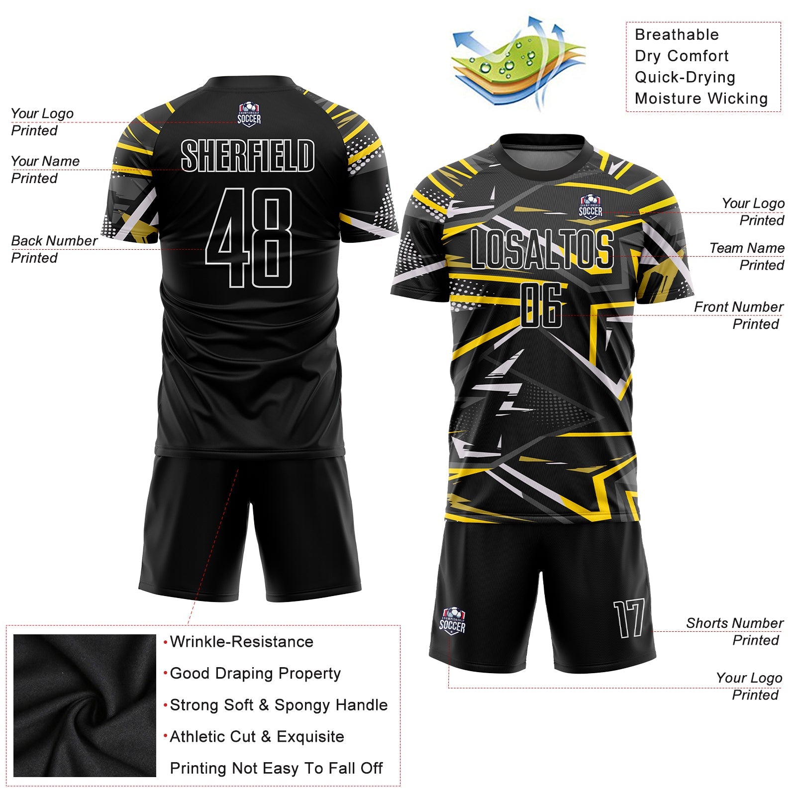 Custom Black Black-Gold Sublimation Soccer Uniform Jersey - Sky-Custom