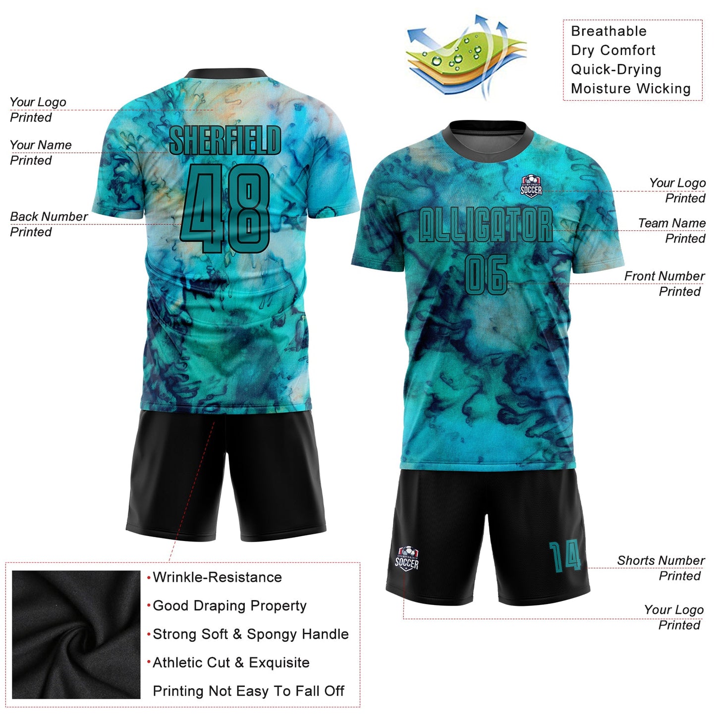 Custom Tie Dye Teal-Black Sublimation Soccer Uniform Jersey - Sky-Custom