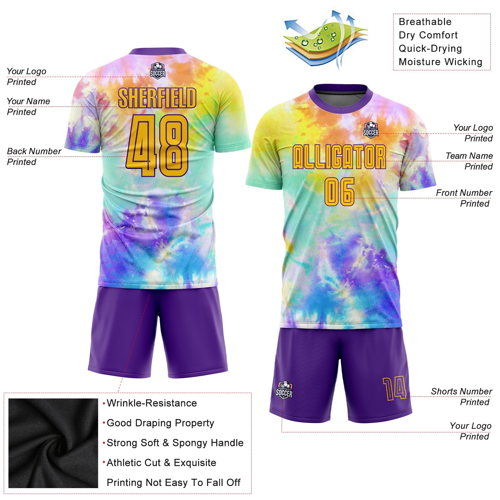 Custom Tie Dye Gold-Purple Sublimation Soccer Uniform Jersey - Sky-Custom