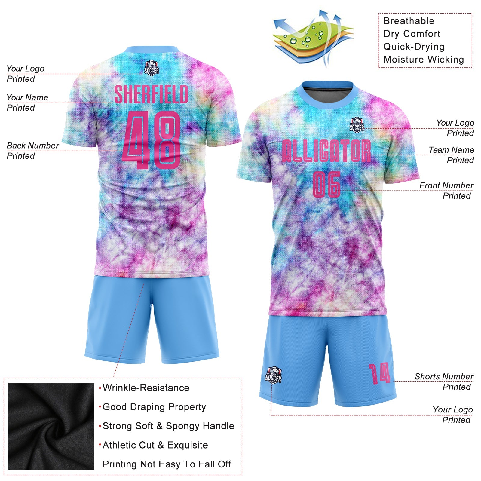 Custom Tie Dye Pink-Light Blue Sublimation Soccer Uniform Jersey - Sky-Custom