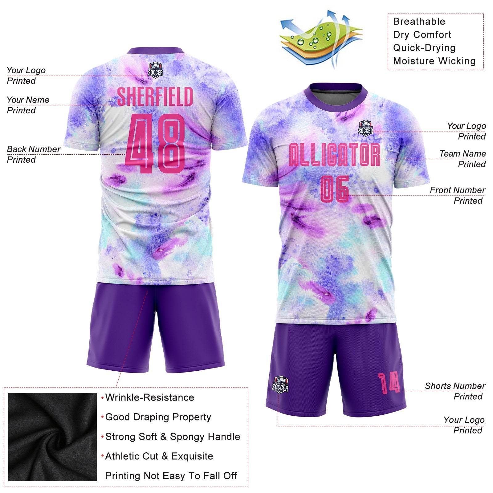 Custom Tie Dye Pink-Purple Sublimation Soccer Uniform Jersey - Sky-Custom