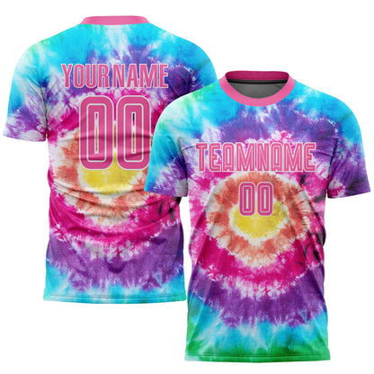 Custom Tie Dye Pink-White Sublimation Soccer Uniform Jersey - Sky-Custom
