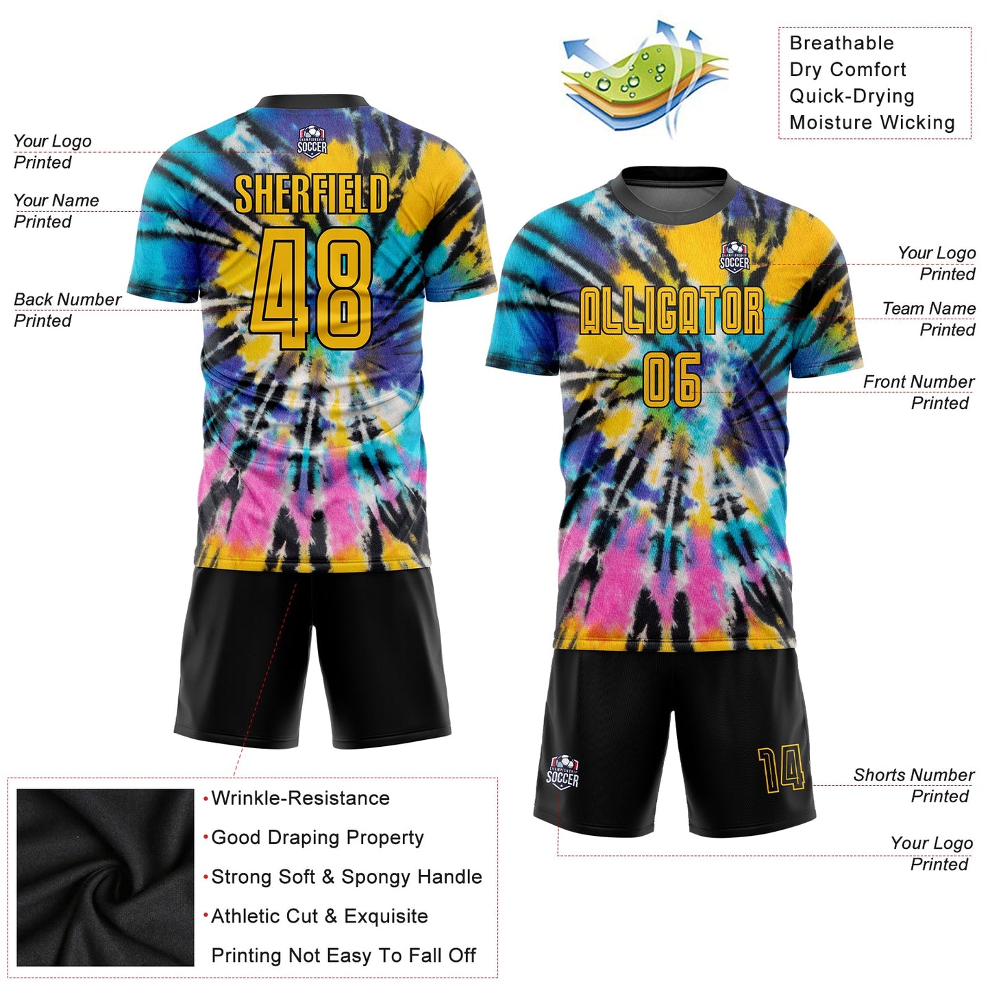Custom Tie Dye Gold-Black Sublimation Soccer Uniform Jersey - Sky-Custom