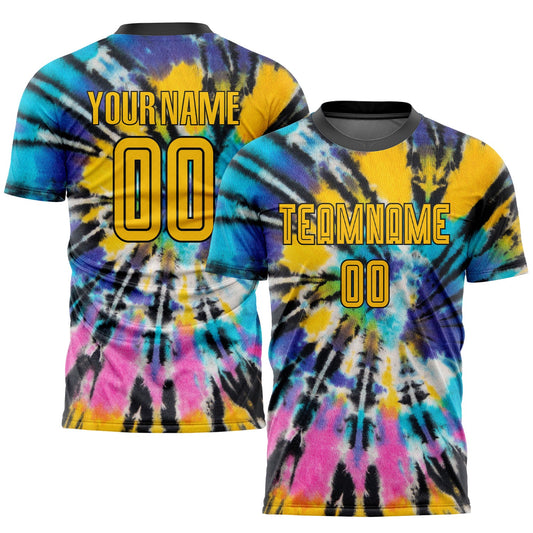 Custom Tie Dye Gold-Black Sublimation Soccer Uniform Jersey - Sky-Custom