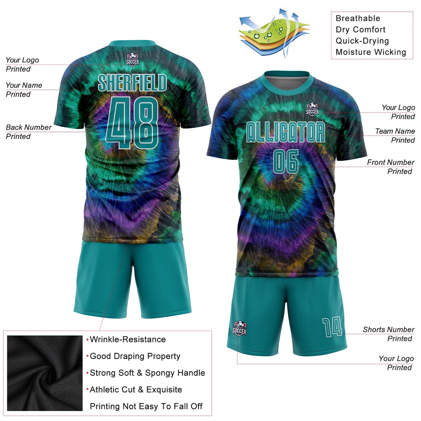 Custom Tie Dye Teal-White Sublimation Soccer Uniform Jersey - Sky-Custom