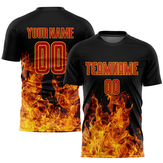 Custom Black Red-Gold Flame Sublimation Soccer Uniform Jersey - Sky-Custom