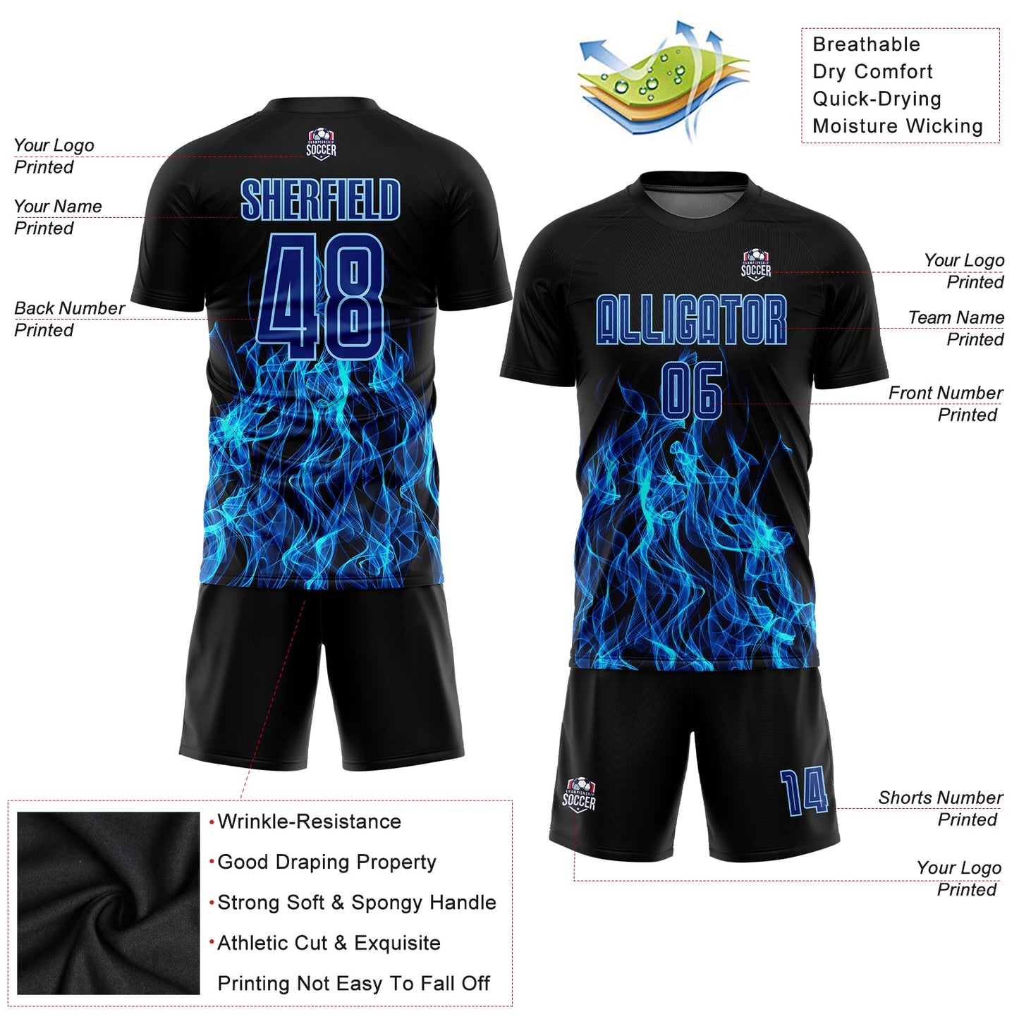 Custom Black Royal-Light Blue Flame Sublimation Soccer Uniform Jersey - Sky-Custom