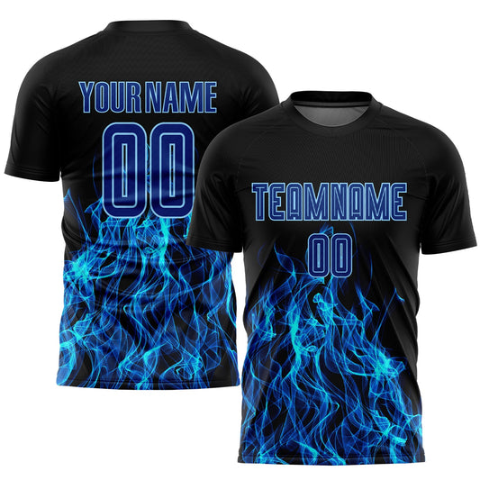 Custom Black Royal-Light Blue Flame Sublimation Soccer Uniform Jersey - Sky-Custom