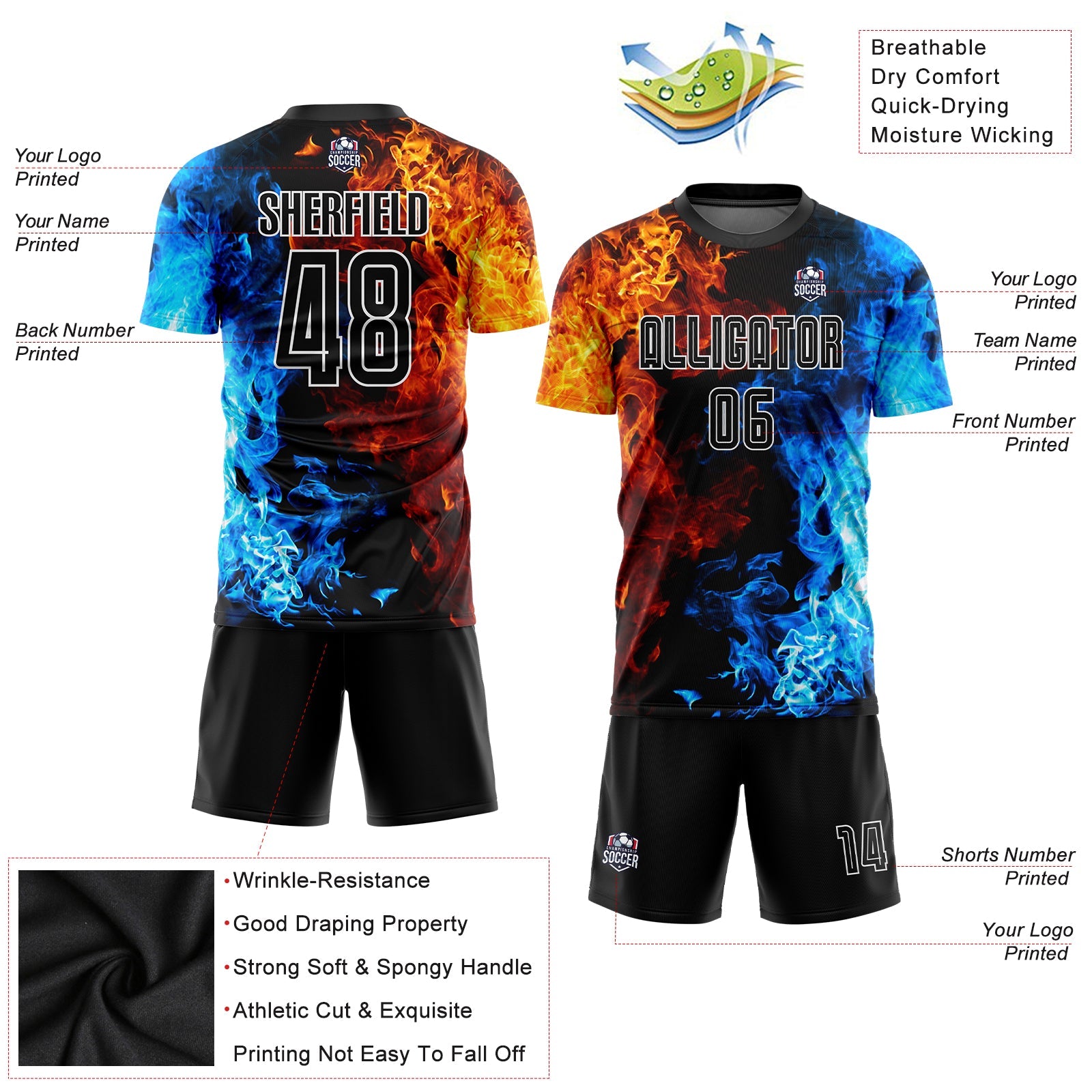 Custom Figure Black-White Flame Sublimation Soccer Uniform Jersey - Sky-Custom