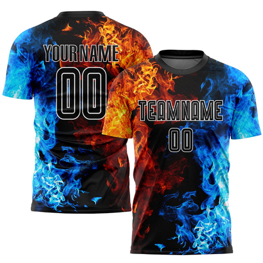 Custom Figure Black-White Flame Sublimation Soccer Uniform Jersey - Sky-Custom