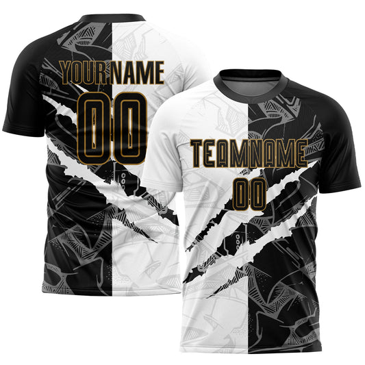 Custom Graffiti Pattern Black-Old Gold Scratch Sublimation Soccer Uniform Jersey - Sky-Custom