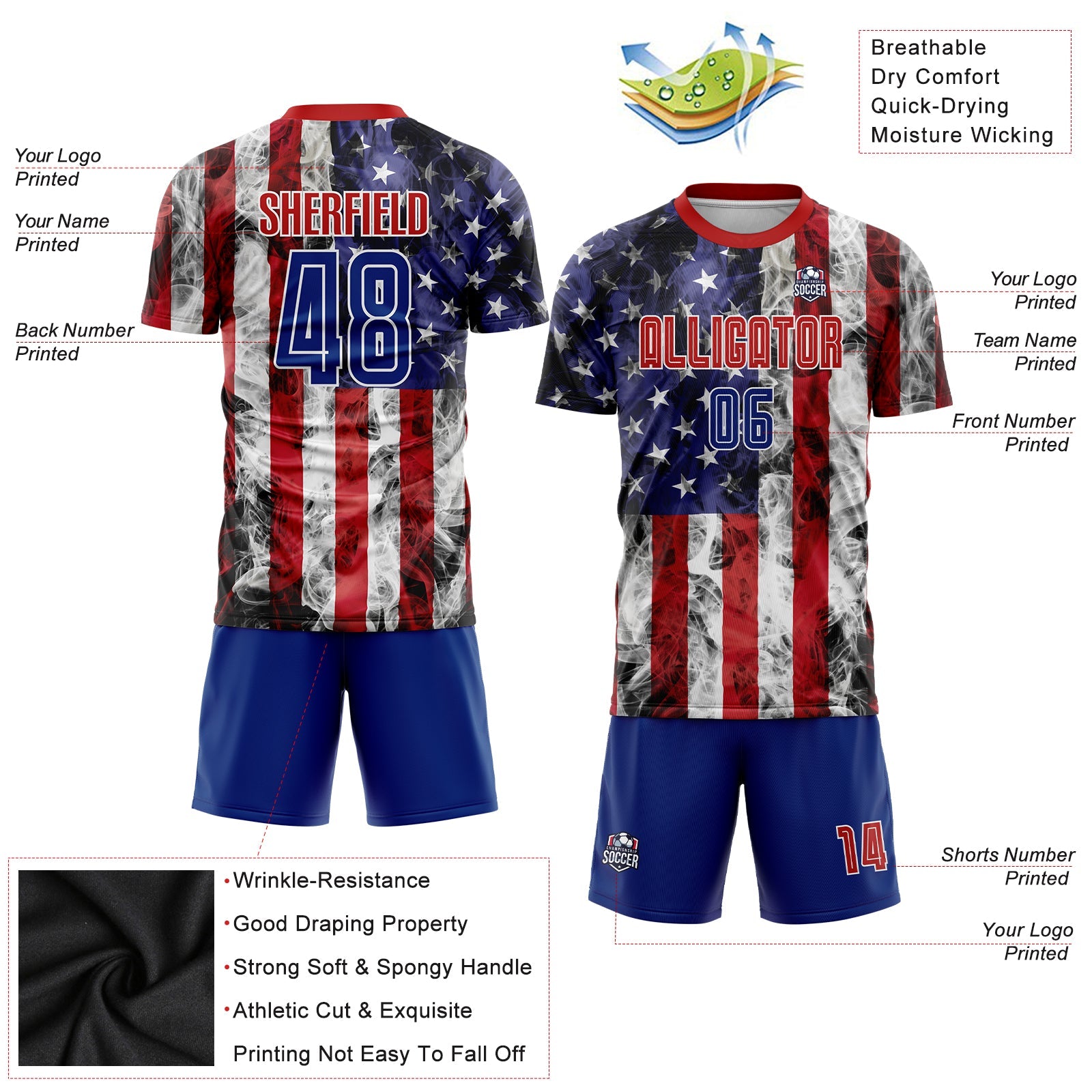 Custom White Royal-Red American Flag Fashion Sublimation Soccer Uniform Jersey - Sky-Custom