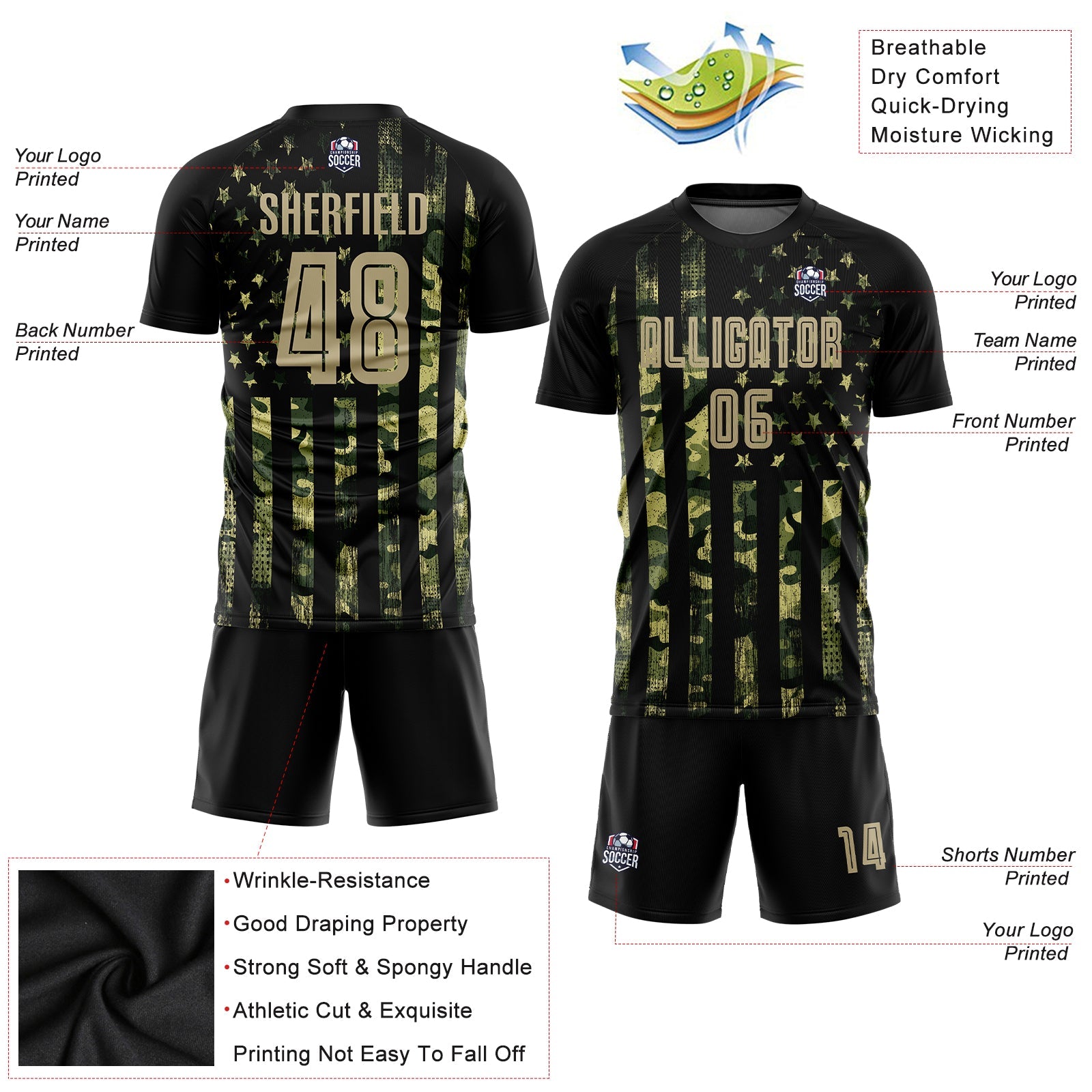 Custom Camo Vegas Gold-Black American Flag Fashion Sublimation Salute To Service Soccer Uniform Jersey - Sky-Custom
