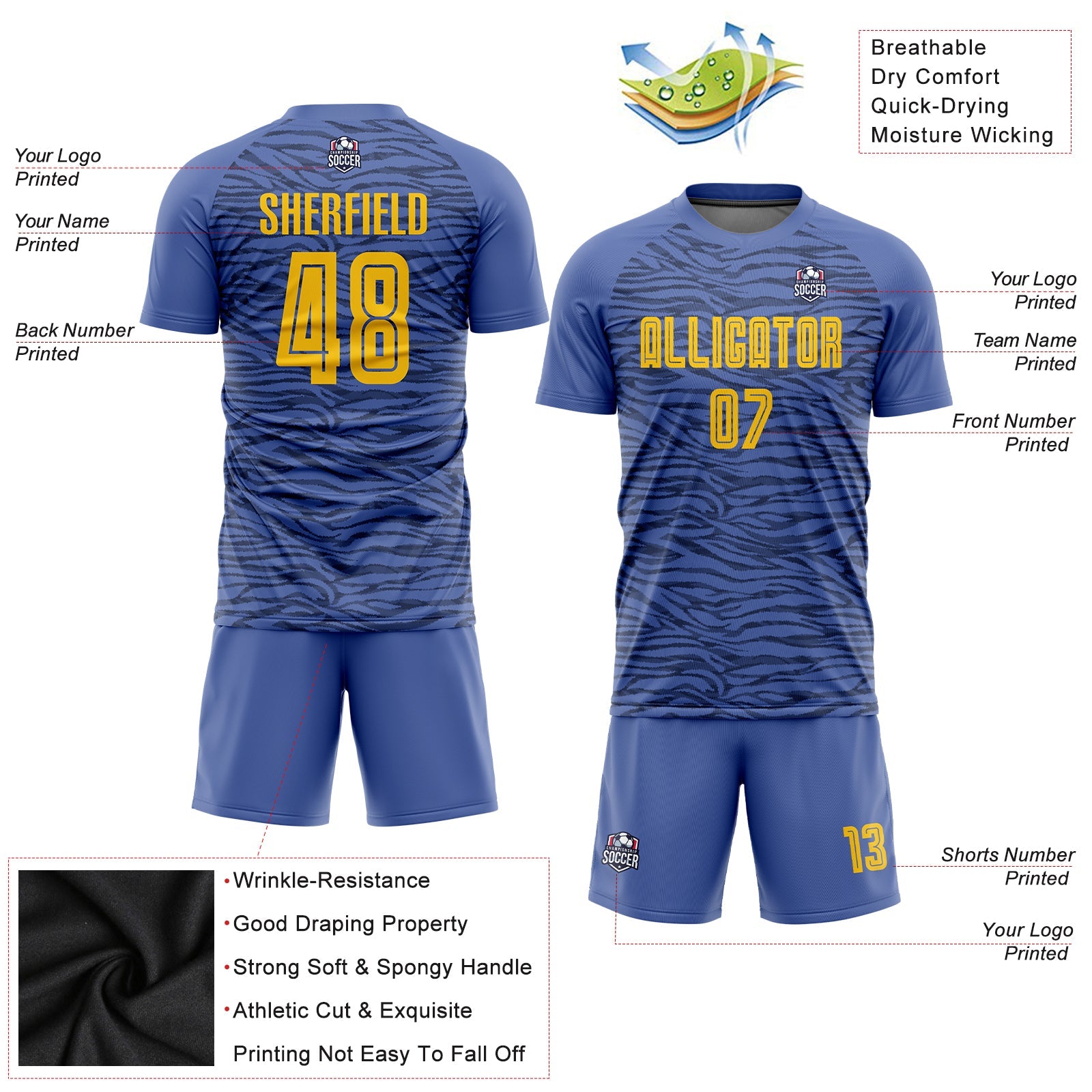Custom Light Blue Gold-Black Third Sublimation Soccer Uniform Jersey - Sky-Custom