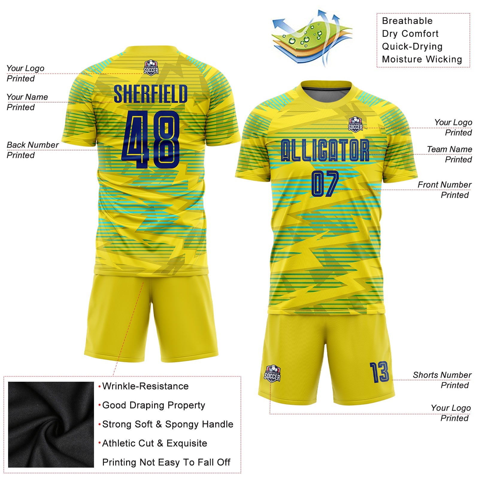 Custom Gold Royal-Light Blue Away Sublimation Soccer Uniform Jersey - Sky-Custom