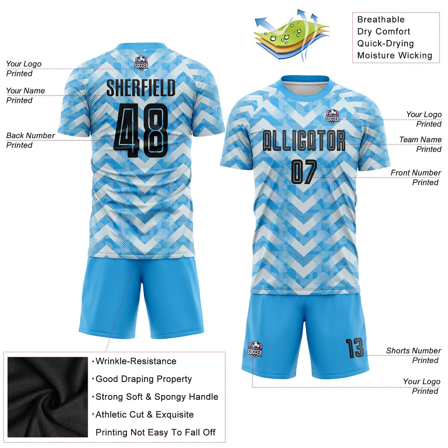 Custom Light Blue Black-White Home Sublimation Soccer Uniform Jersey - Sky-Custom