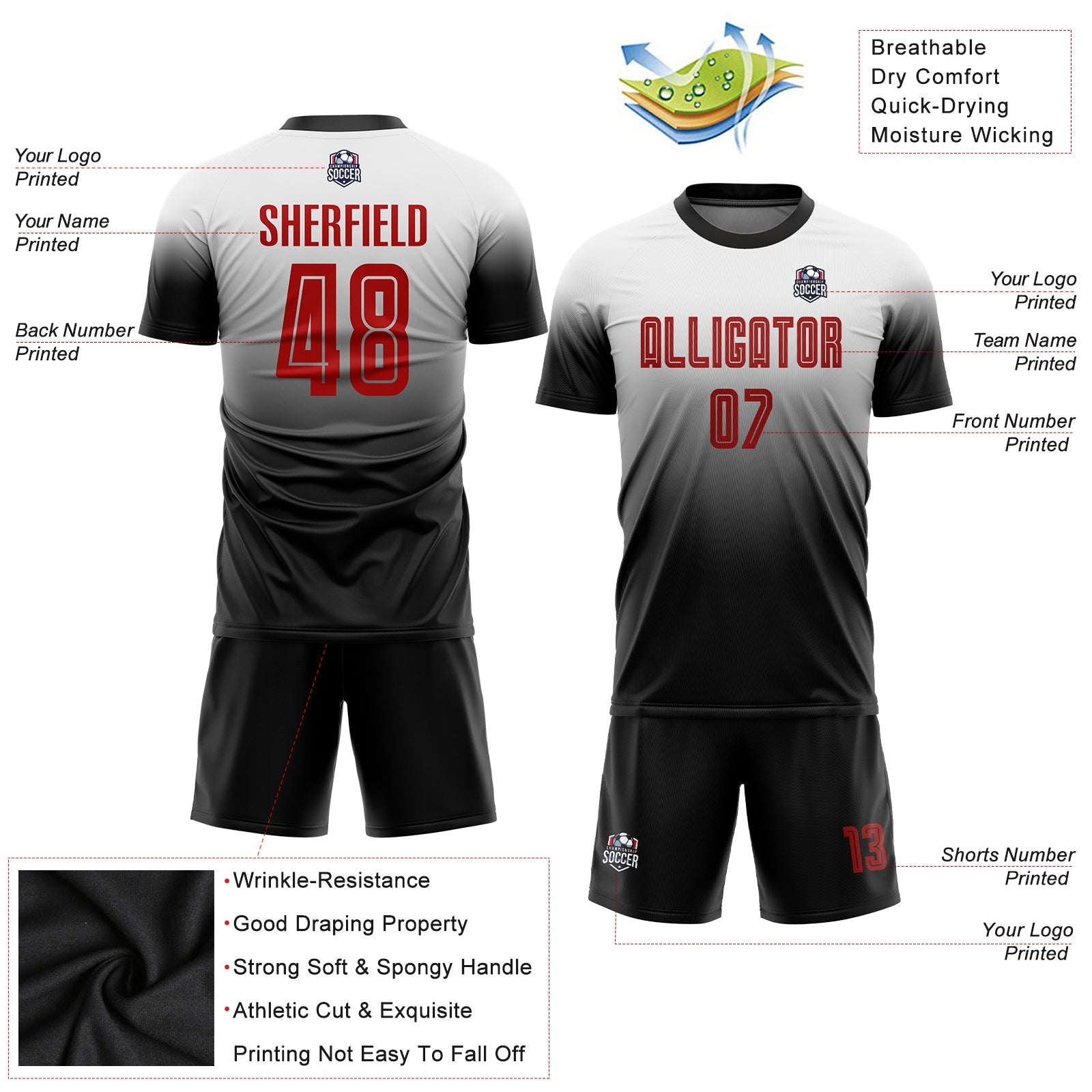 Custom White Red-Black Sublimation Fade Fashion Soccer Uniform Jersey - Sky-Custom