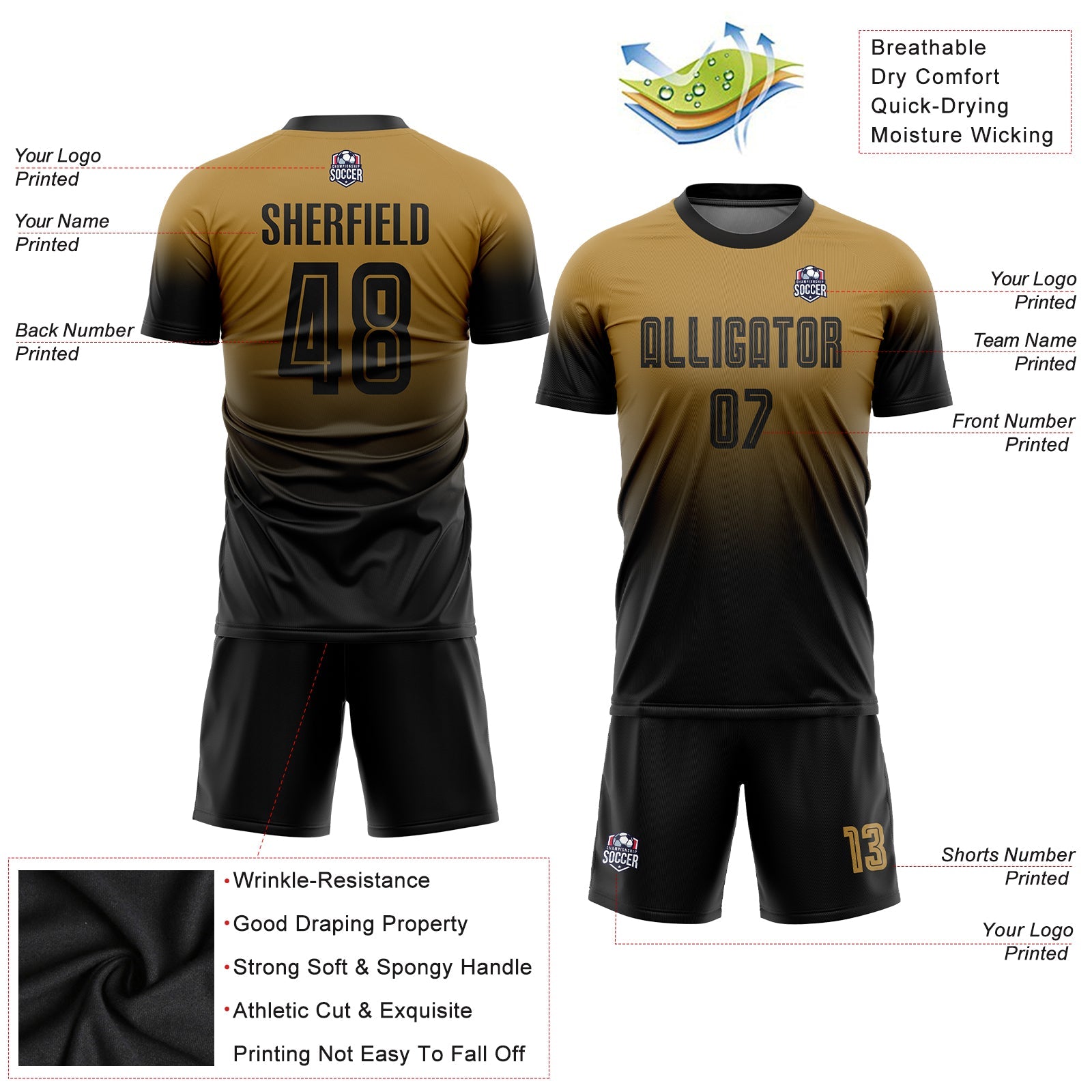 Custom Old Gold Black Sublimation Fade Fashion Soccer Uniform Jersey - Sky-Custom