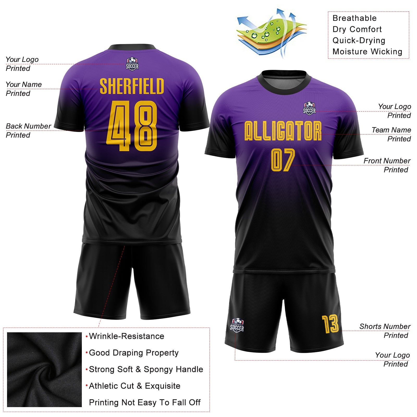 Custom Purple Gold-Black Sublimation Fade Fashion Soccer Uniform Jersey - Sky-Custom