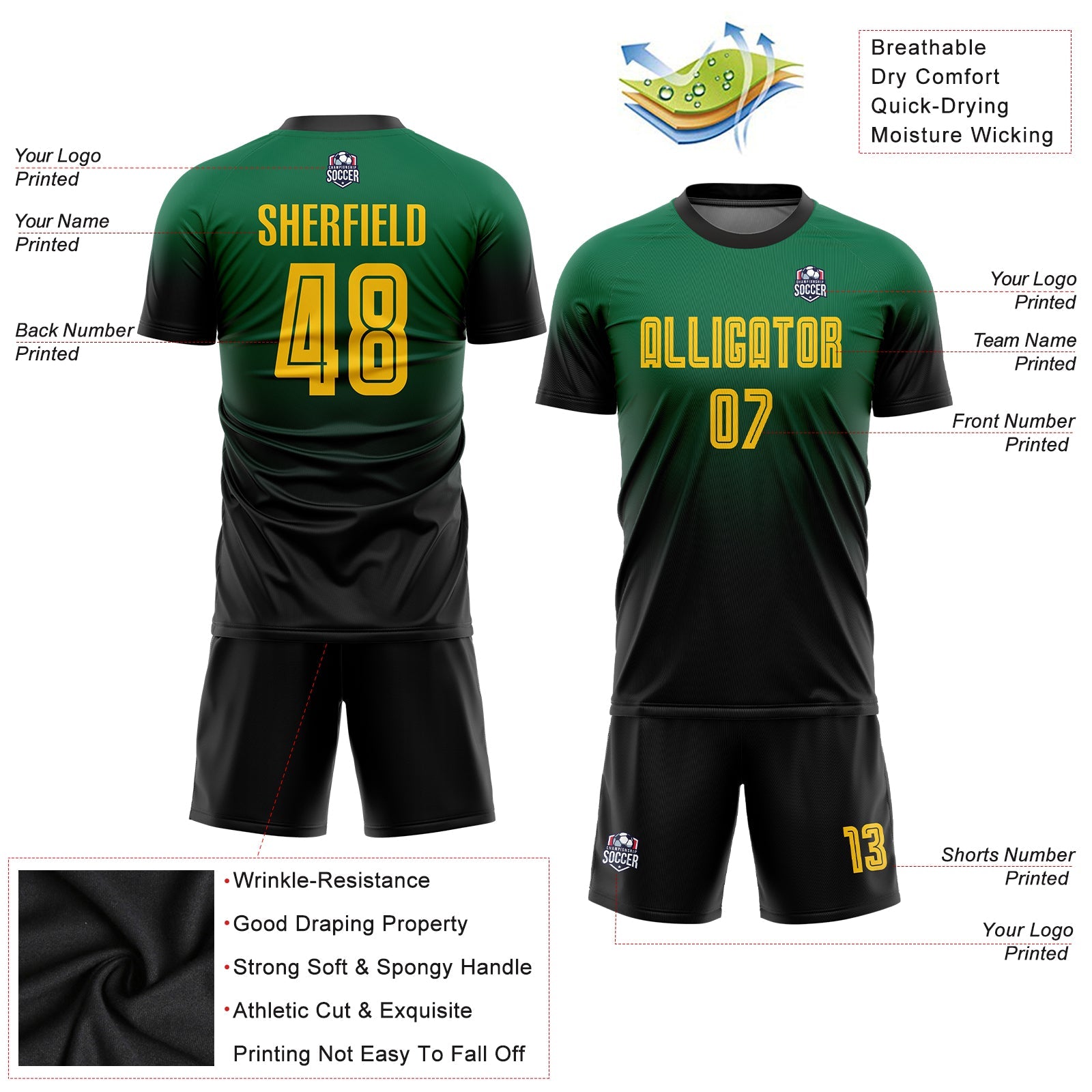 Custom Kelly Green Gold-Black Sublimation Fade Fashion Soccer Uniform Jersey - Sky-Custom