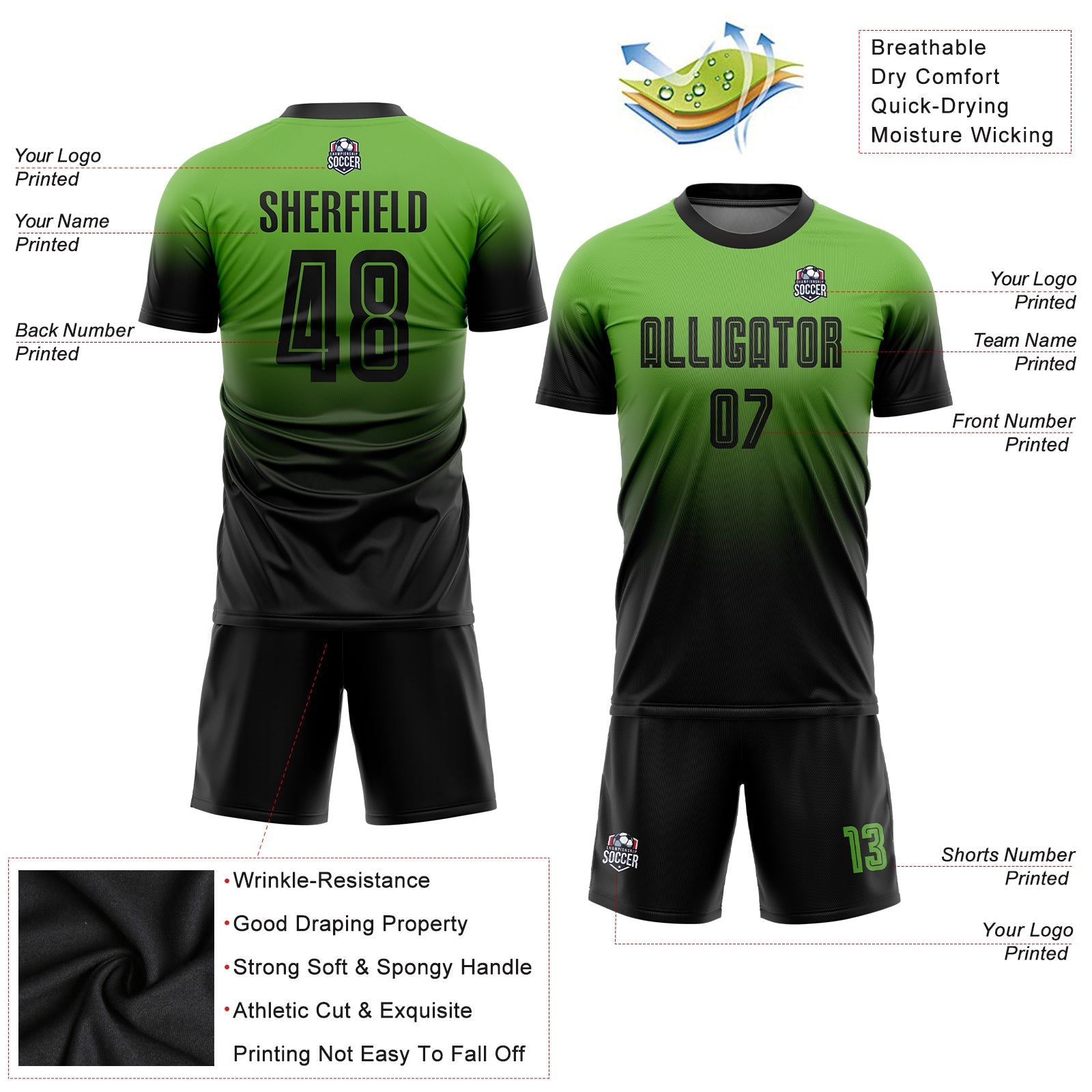 Custom Neon Green Black Sublimation Fade Fashion Soccer Uniform Jersey - Sky-Custom