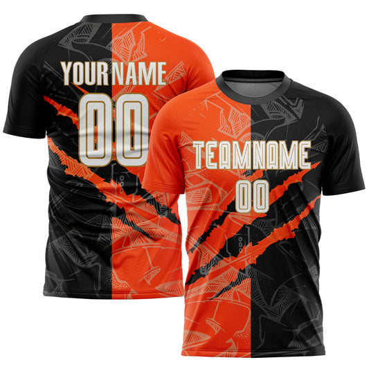 Custom Graffiti Pattern White Black Orange-Old Gold Scratch Sublimation Soccer Uniform Jersey - Sky-Custom