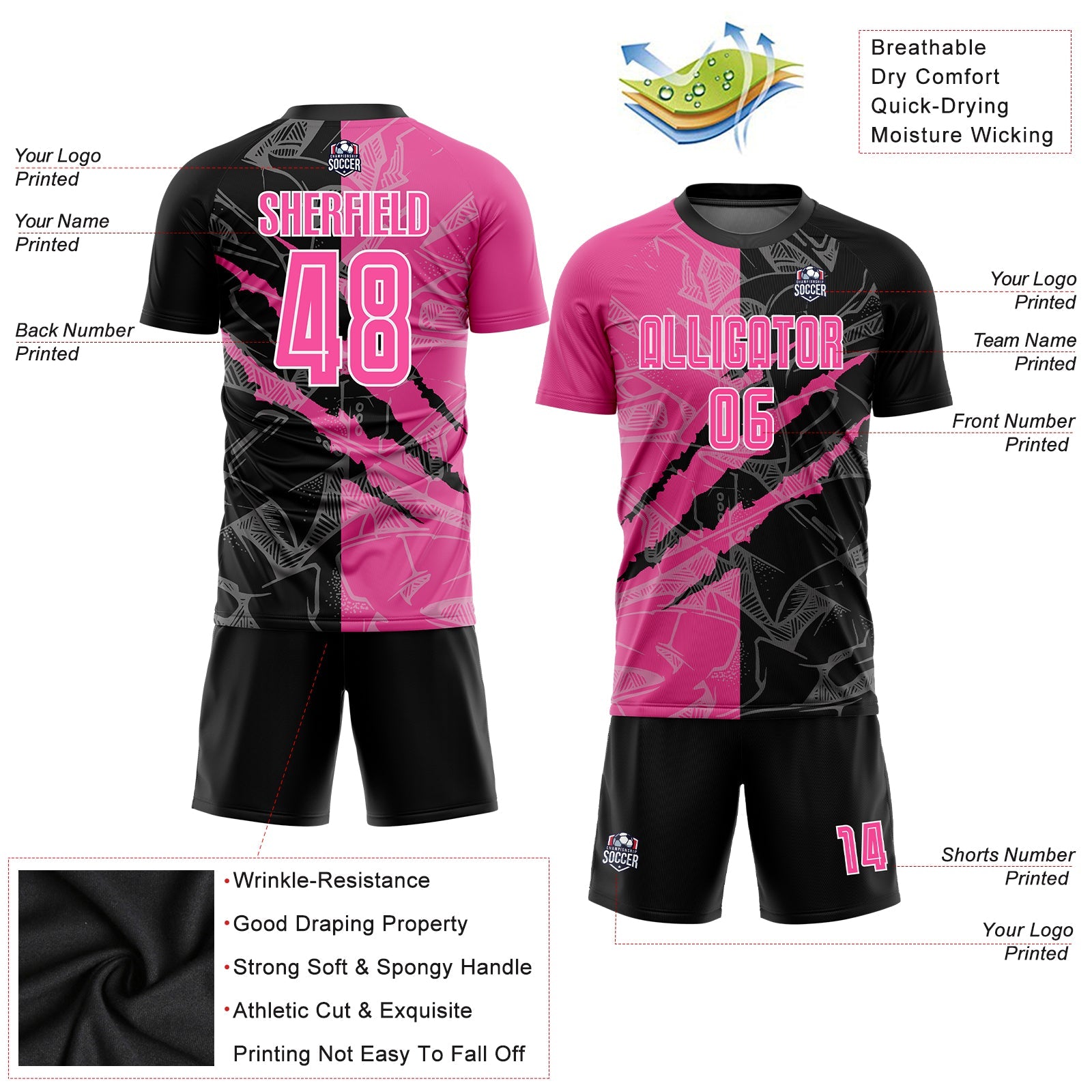 Custom Graffiti Pattern Pink Black-White Scratch Sublimation Soccer Uniform Jersey - Sky-Custom