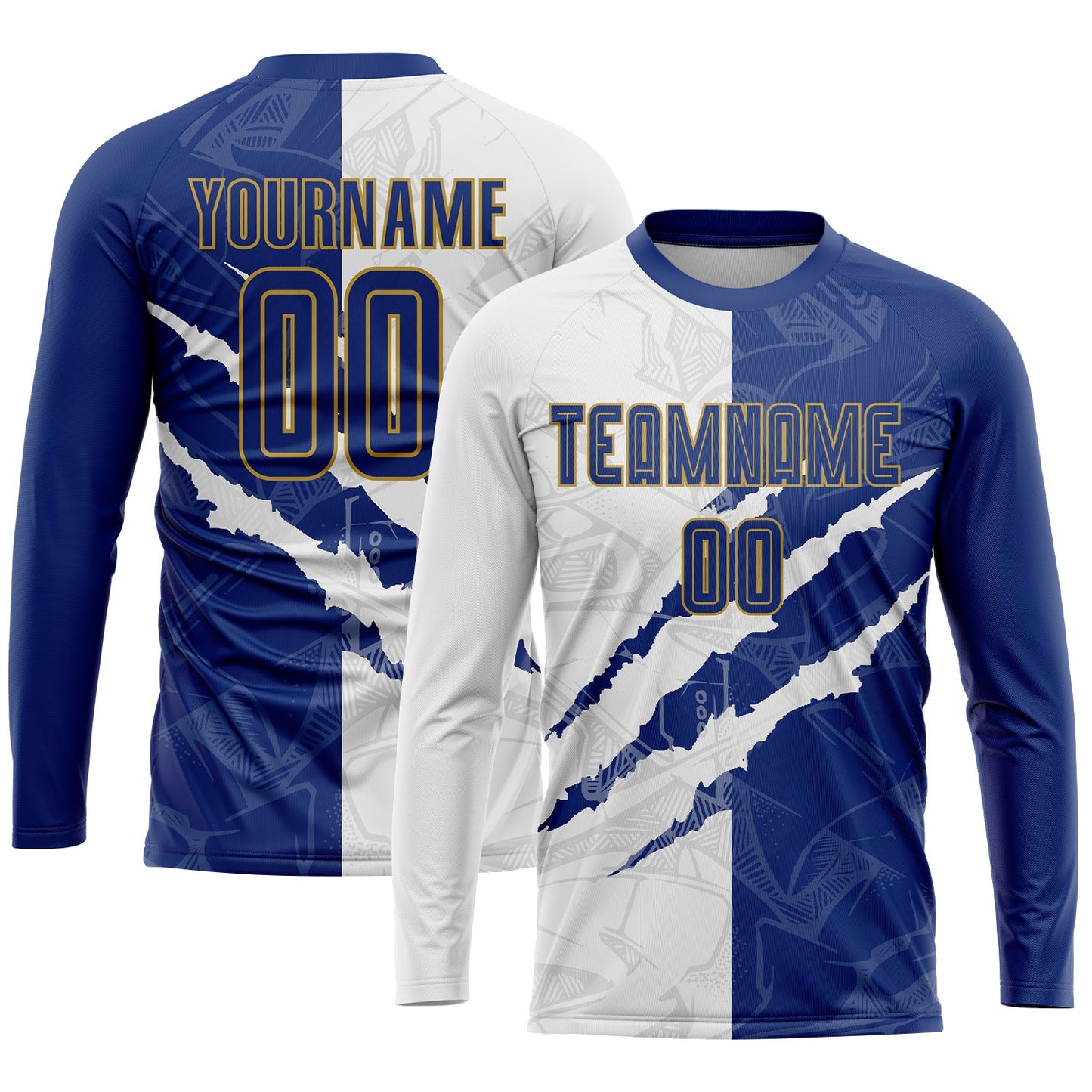 Custom Graffiti Pattern Royal White-Old Gold Scratch Sublimation Soccer Uniform Jersey - Sky-Custom
