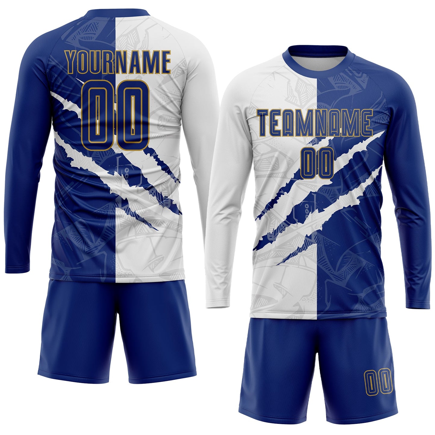 Custom Graffiti Pattern Royal White-Old Gold Scratch Sublimation Soccer Uniform Jersey - Sky-Custom