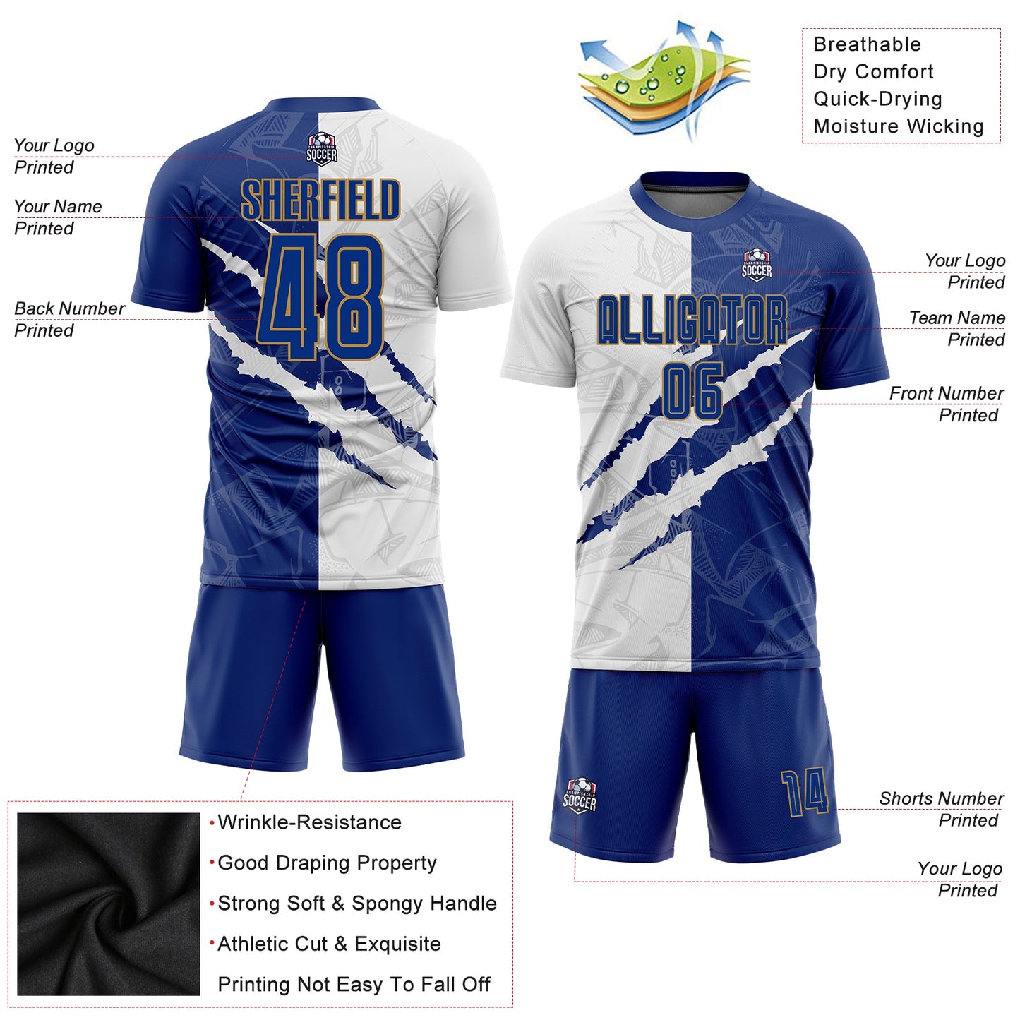 Custom Graffiti Pattern Royal White-Old Gold Scratch Sublimation Soccer Uniform Jersey - Sky-Custom
