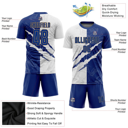 Custom Graffiti Pattern Royal White-Old Gold Scratch Sublimation Soccer Uniform Jersey - Sky-Custom
