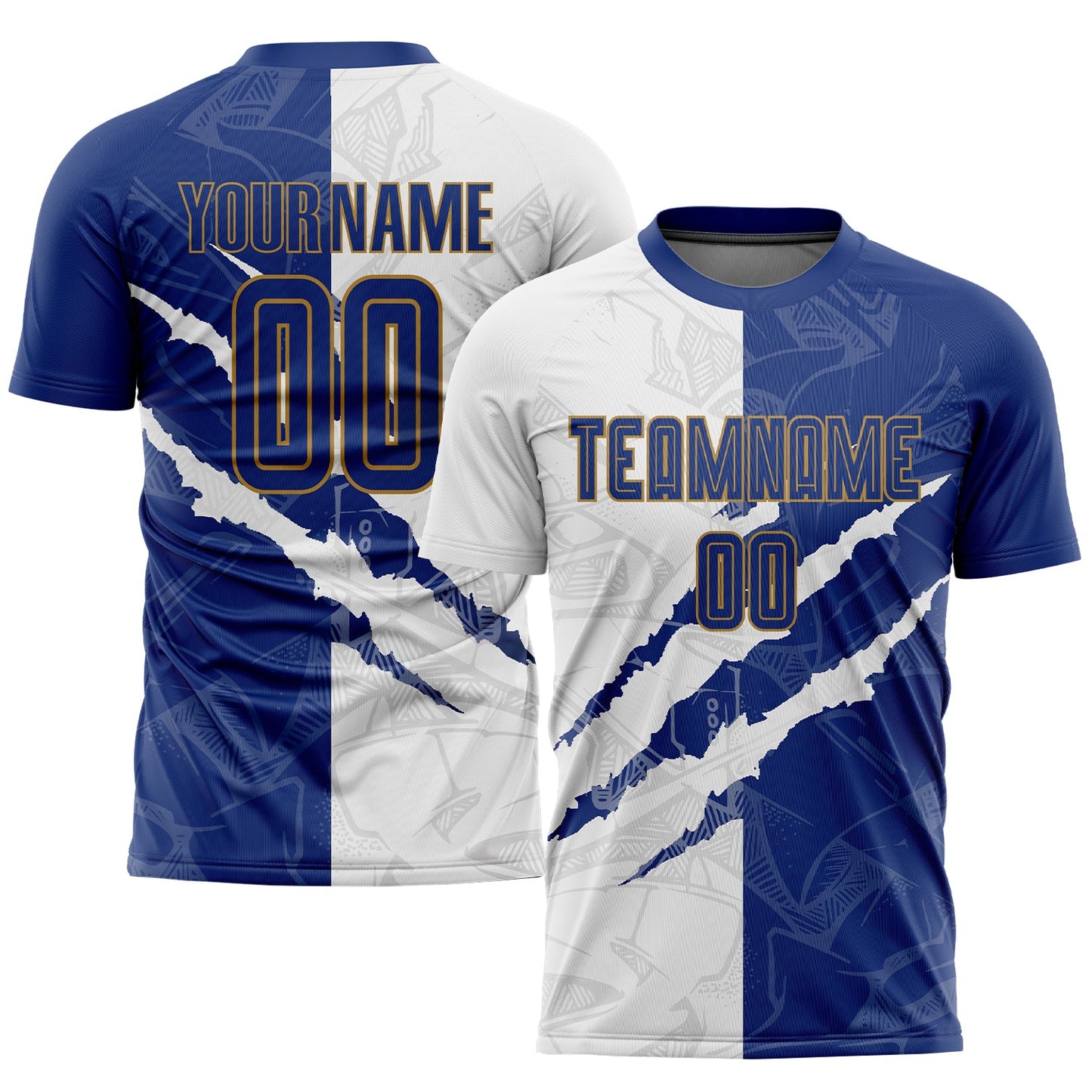 Custom Graffiti Pattern Royal White-Old Gold Scratch Sublimation Soccer Uniform Jersey - Sky-Custom