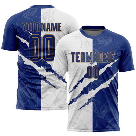 Custom Graffiti Pattern Royal White-Old Gold Scratch Sublimation Soccer Uniform Jersey - Sky-Custom