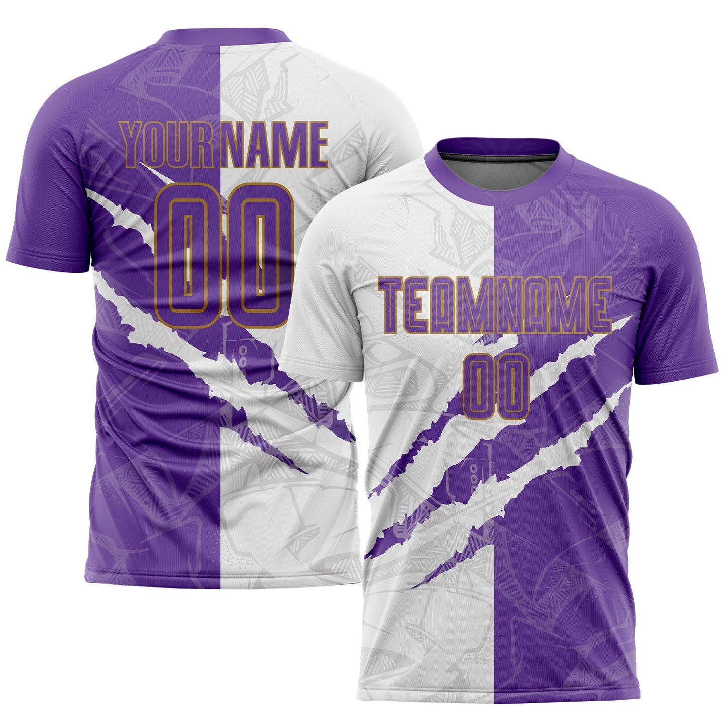 Custom Graffiti Pattern Purple White-Old Gold Scratch Sublimation Soccer Uniform Jersey - Sky-Custom