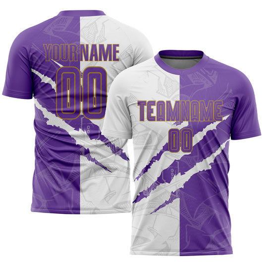 Custom Graffiti Pattern Purple White-Old Gold Scratch Sublimation Soccer Uniform Jersey - Sky-Custom