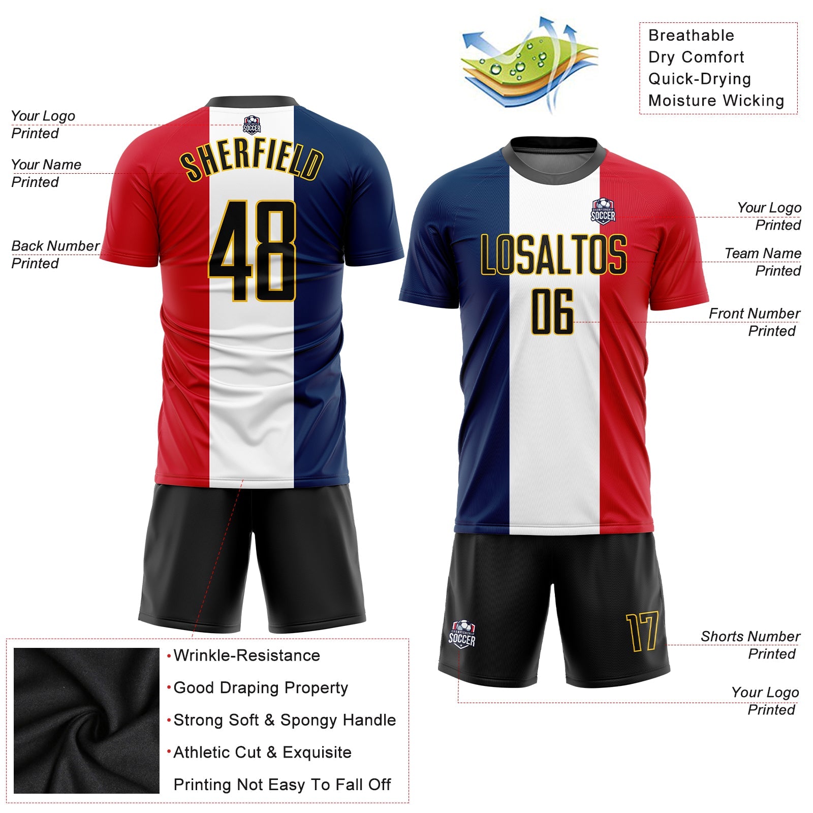 Custom Navy Black White Red-Gold Sublimation French Flag Soccer Uniform Jersey - Sky-Custom