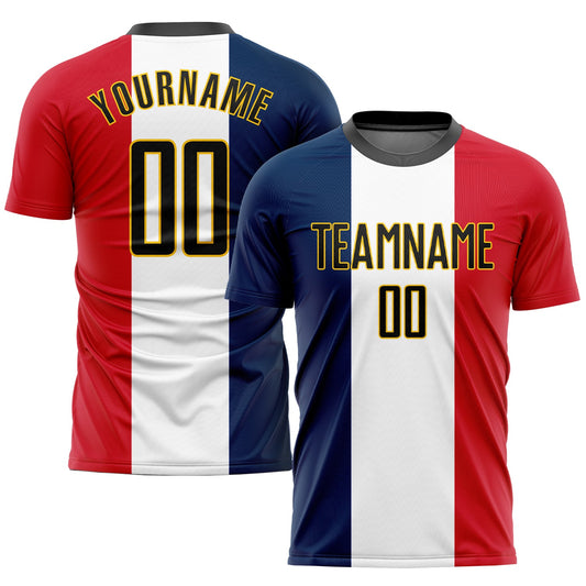 Custom Navy Black White Red-Gold Sublimation French Flag Soccer Uniform Jersey - Sky-Custom