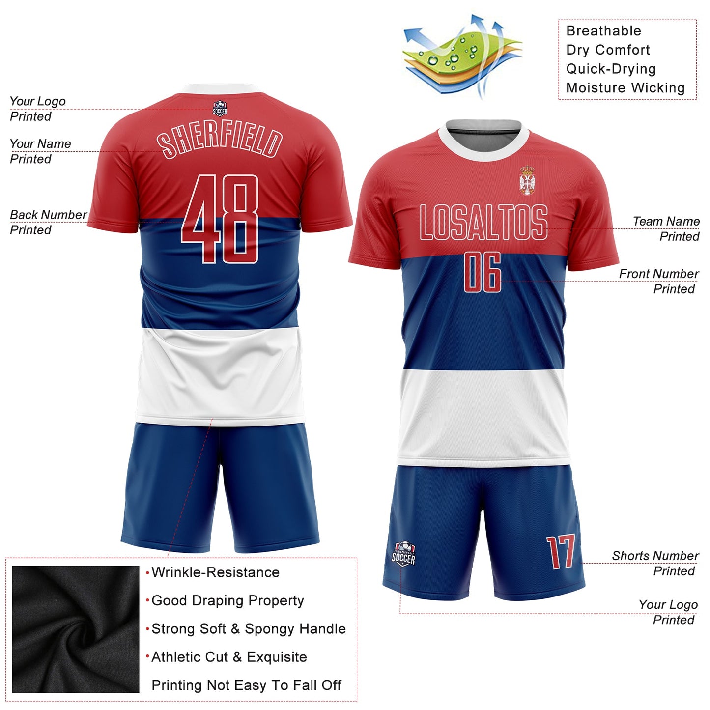 Custom Royal Red-White Sublimation Serbian Flag Soccer Uniform Jersey - Sky-Custom