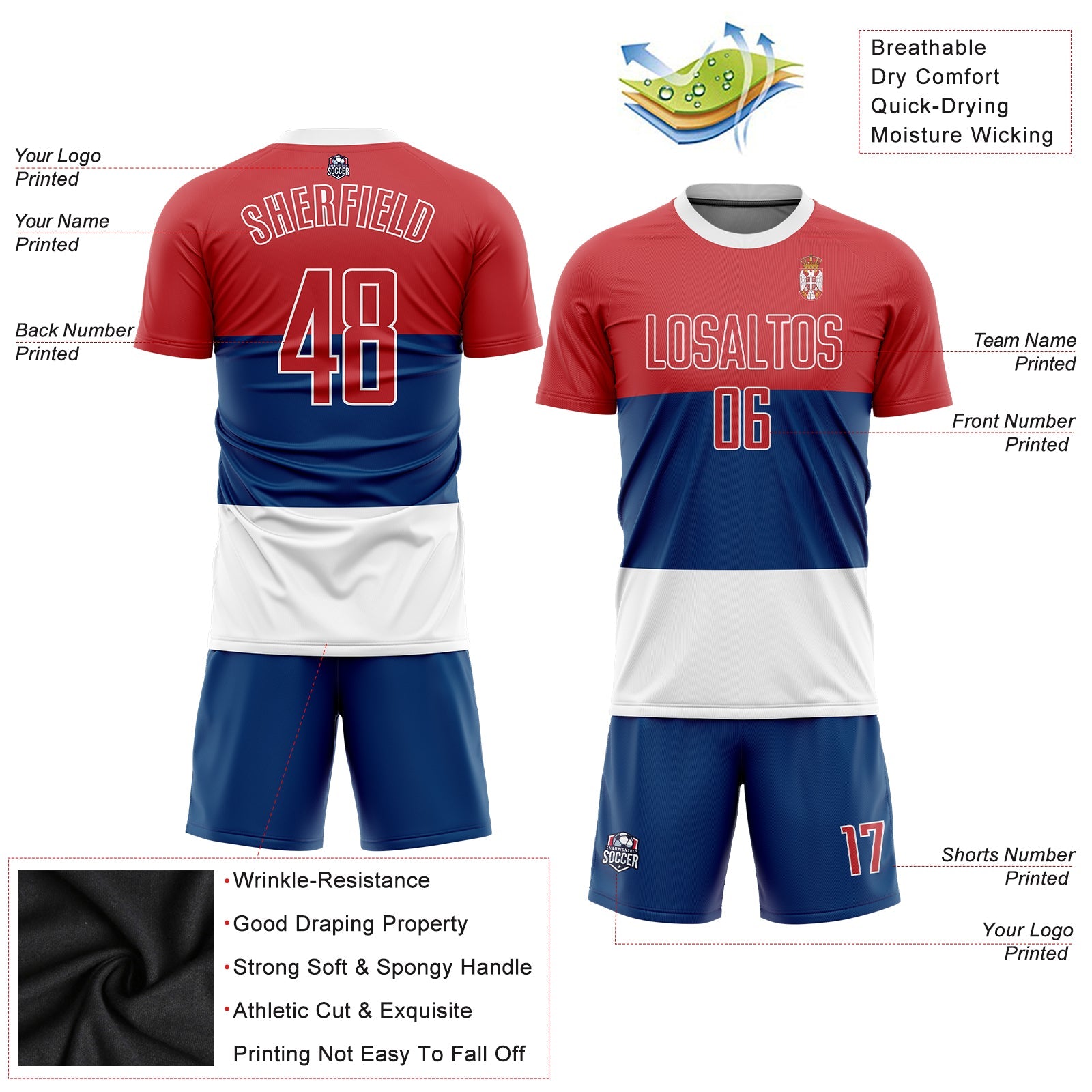 Custom Royal Red-White Sublimation Serbian Flag Soccer Uniform Jersey - Sky-Custom