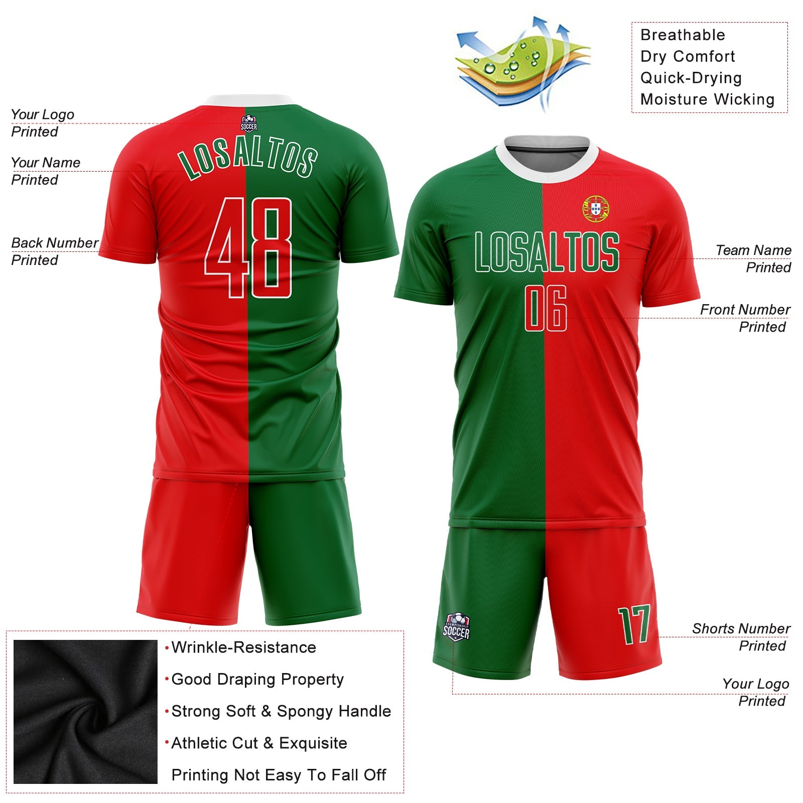 Custom Kelly Green Red-White Sublimation Portuguese Flag Soccer Uniform Jersey - Sky-Custom
