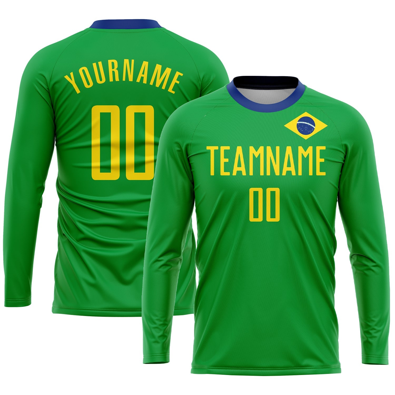 Custom Neon Green Gold-Royal Sublimation Brazilian Flag Soccer Uniform Jersey - Sky-Custom