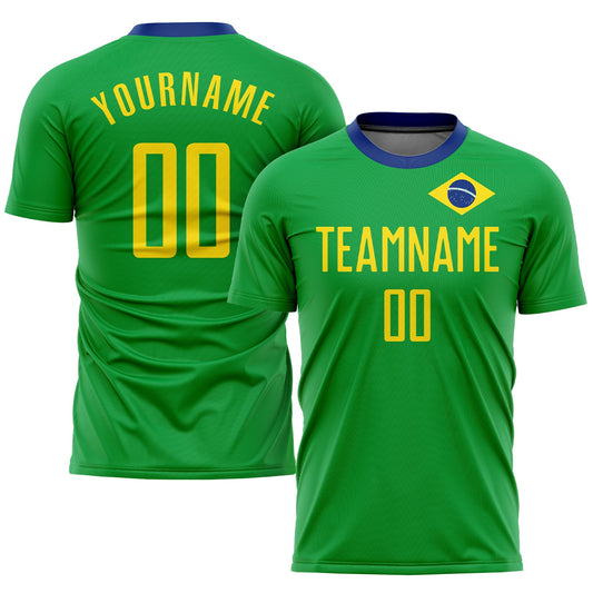 Custom Neon Green Gold-Royal Sublimation Brazilian Flag Soccer Uniform Jersey - Sky-Custom