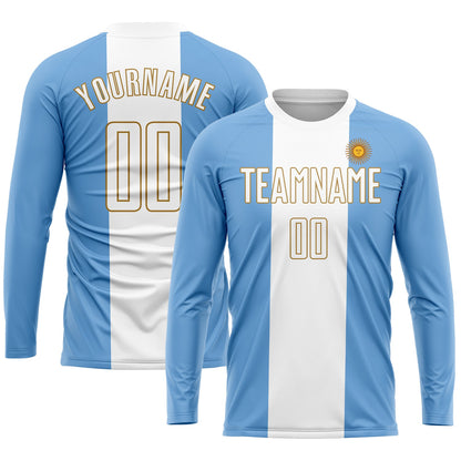 Custom Light Blue White-Old Gold Sublimation Argentinian Flag Soccer Uniform Jersey - Sky-Custom