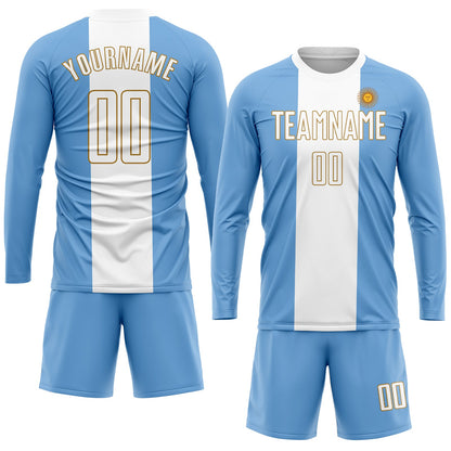 Custom Light Blue White-Old Gold Sublimation Argentinian Flag Soccer Uniform Jersey - Sky-Custom